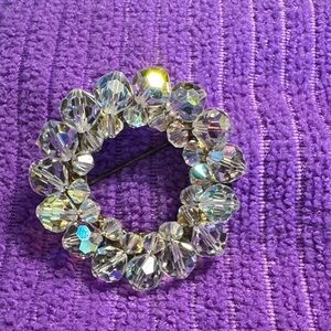 VTG Dazzling  AURORA BOREALIS Silver Tone Faceted Crystal Brooch 1960’s